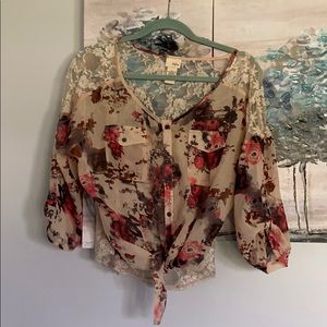 Sheer and lace button up blouse